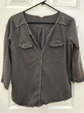 J.Crew Gray Utility Popover Blouse S 3/4 Sleeve Chest & Side Pockets